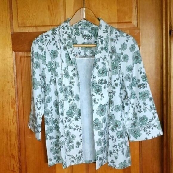 Norm Thompson Embellished Ladder Trim Soft Green Floral Sz M Jacket - Picture 1 of 9